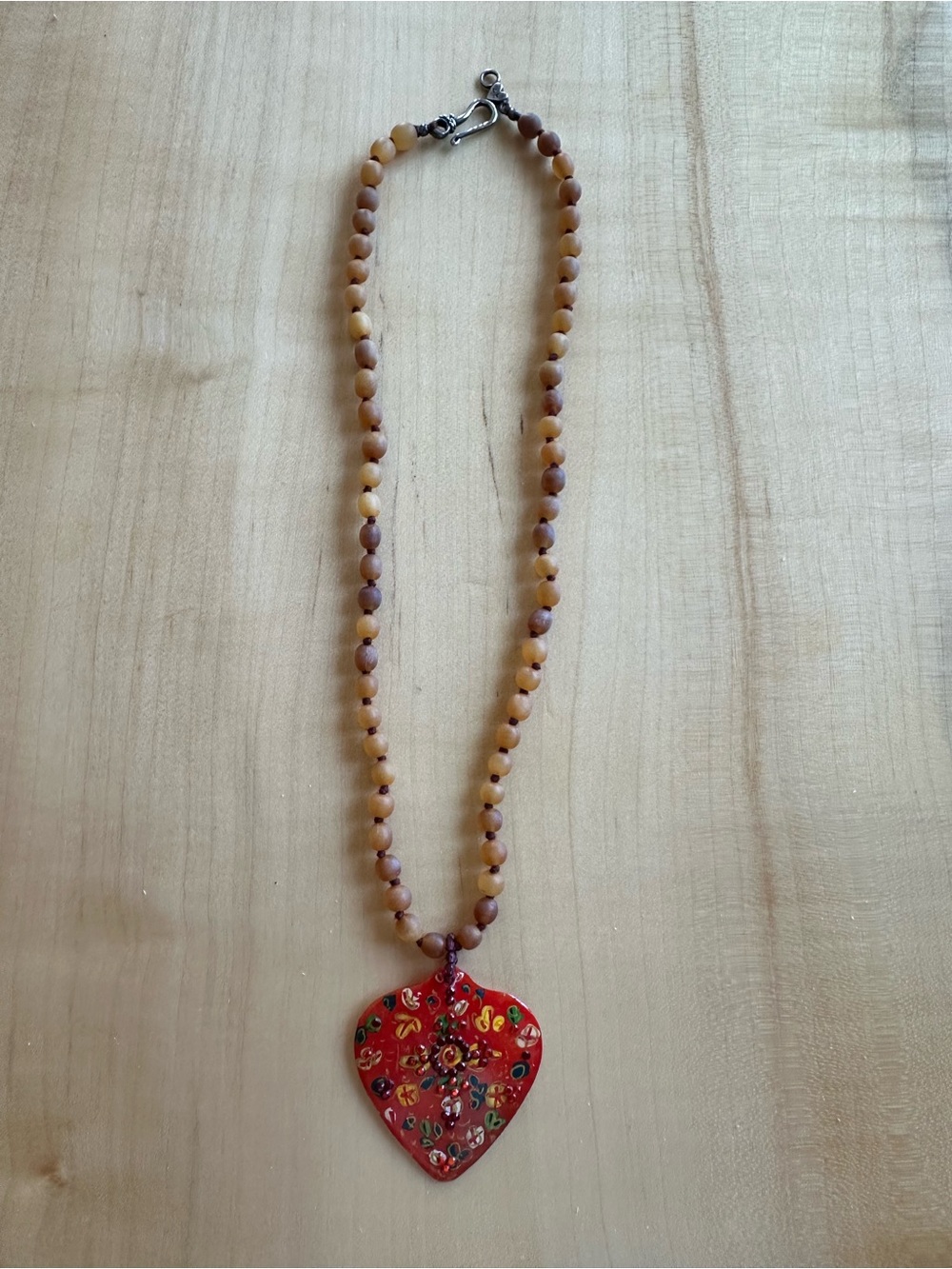 Chan Luu Red Floral Heart Pendant Necklace with Tan Beads